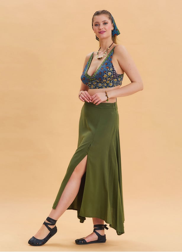 Khaki Asymmetrical Skirt with Zipper Detail and Slit 4639